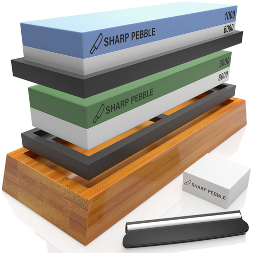 Sharp Pebble Sharpening Stones Kit with 1000/6000 and 3000/8000 Grit with Flattening Stone & Angle Guide