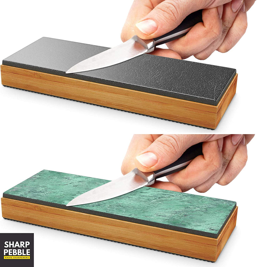 Sharp Pebble Sharpening Stone Kit- Dual Grit Whetstone 1000/6000 - Bamboo  Leather Strop - Non Slip Bamboo Base, Angle Guide & Green Polishing/Honing