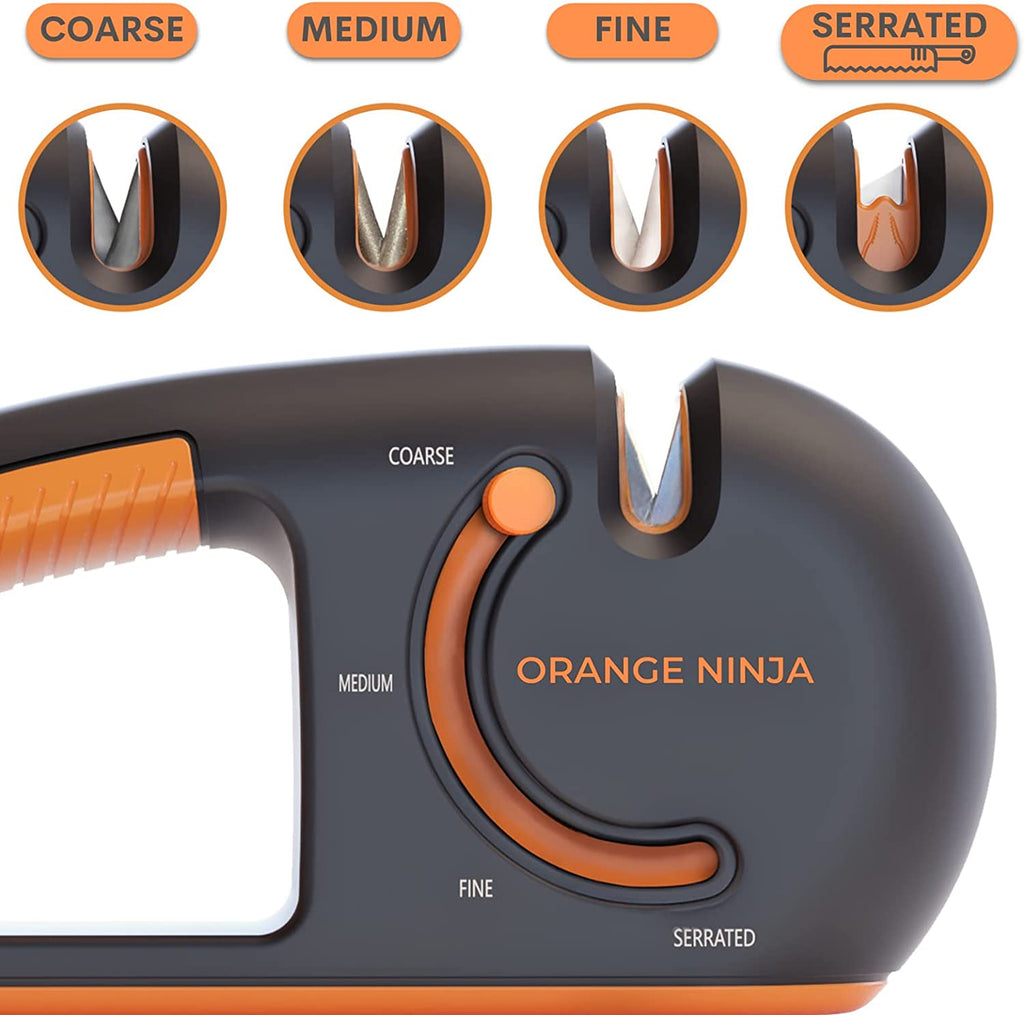 Orange Ninja Kitchen Knife Sharpener with 5 Adjustable Sharpening Angle-  12°, 15°, 18°, 21°, & 24°