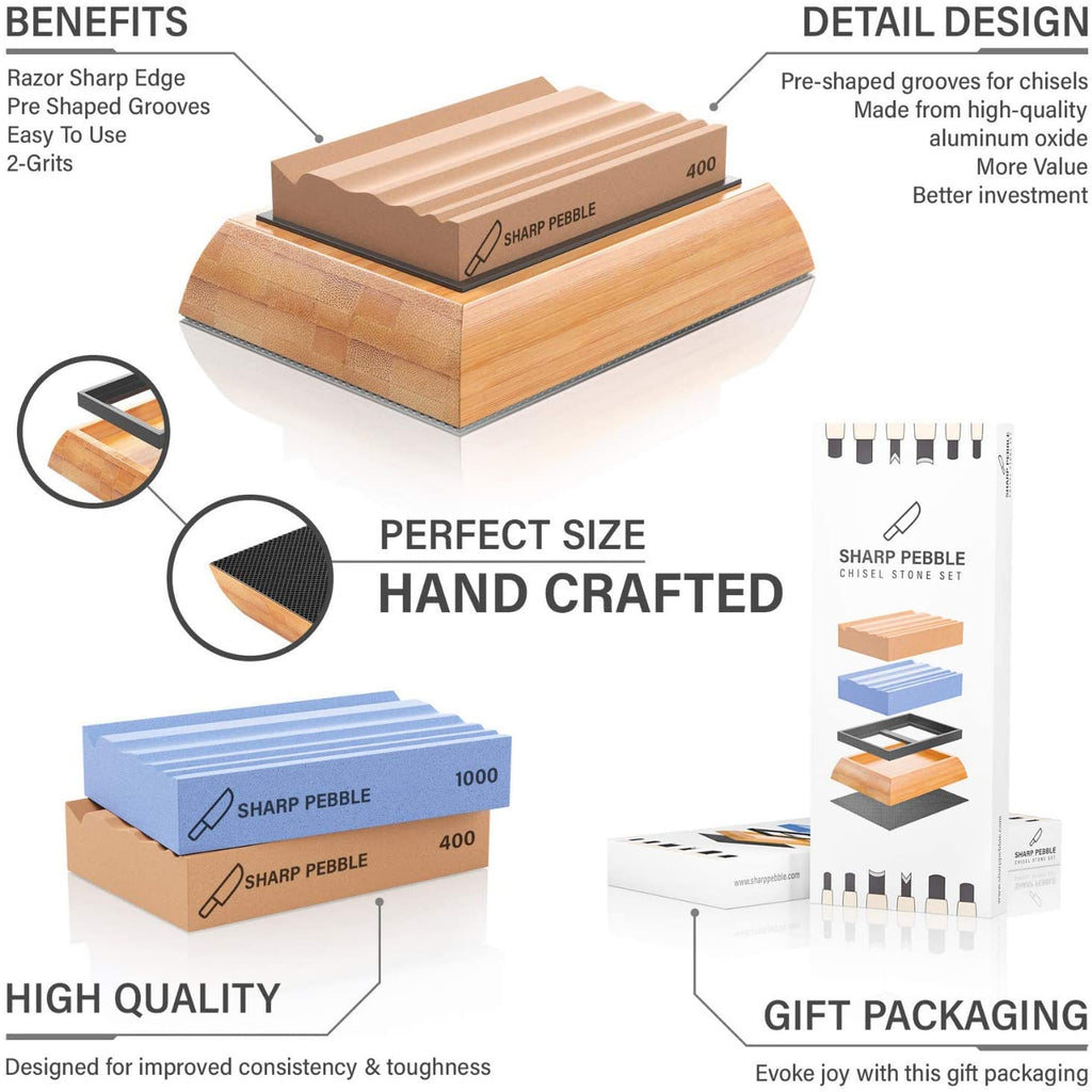 Sharp Pebble Premium Wood Carving Tools & Gouge Sharpening Stones- Two  Multi Groove Whetstones with Grit 400 and 1000