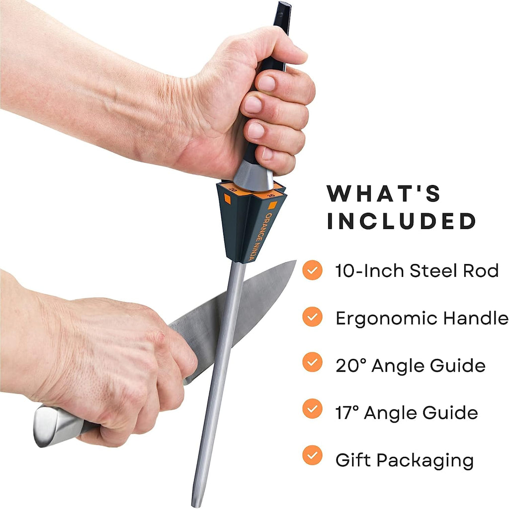Orange Ninja Knife Honing Rod 10-Inch with Adjustable Angle Guides 17° & 20°- Premium Quality Sharpening Steel Sharpener to Keep Kitchen Knives Sharp