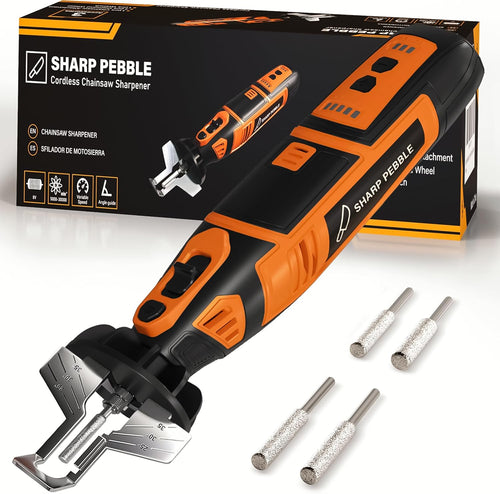 Sharp Pebble Electric Cordless Chainsaw Sharpener Kit - Comes with 4 File Size Diamond Sharpening Wheels & Angle Attachment