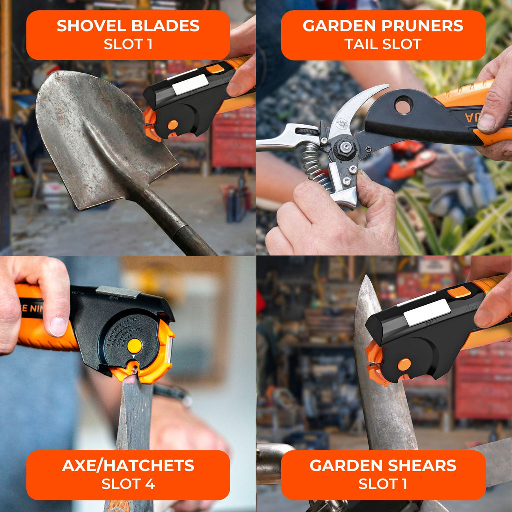 garden scissors sharpener Orange Ninja All In 1 Garden Tool & Knife Sharpener for Lawn Mower Blade,Scissors, Axe, Hatchet, Machete, Pruner, Hedge