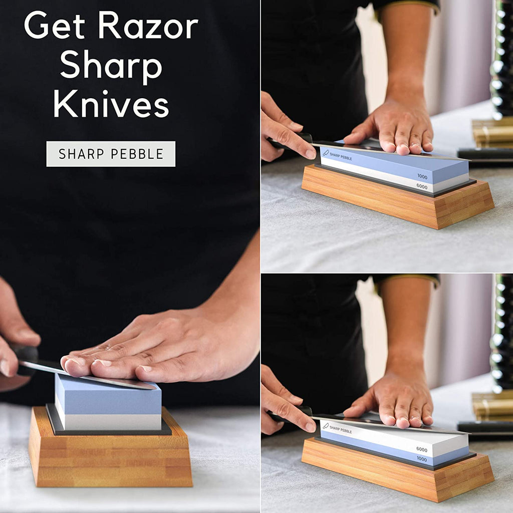 Professional Knife Sharpening Stone Set Kit Whetsone 1000 6000 Grit Bamboo  Base