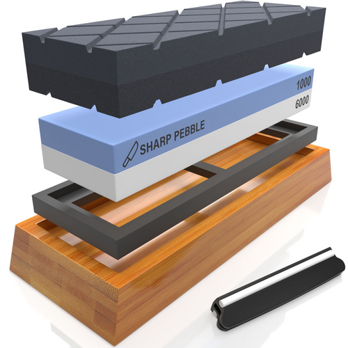 Sharp Pebble 1000/6000 Knife Sharpening Stone with Large Dual Grit Flattening Stone with NonSlip Bamboo Base & Angle Guide